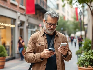 Senior man browsing music app on smartphone and enjoying coffee at outdoor downtown center, outdoor, man, center