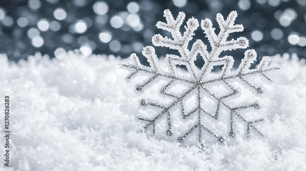 Poster silver snowflake ornament sparkling on a bed of snow with bokeh lights in the background