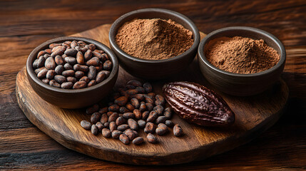 Fototapeta premium A bowl of chocolate powder is on a wooden table with a pile of chocolate beans