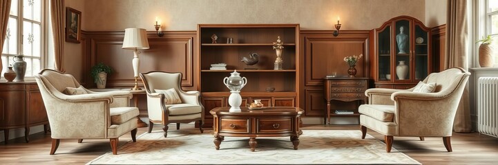 shabby leather brown sofa and two retro chairs in art deco style living room, art deco, interior design, chairs