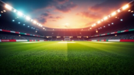 Exciting soccer match atmosphere at stadium during sunset with bright lights illuminating field