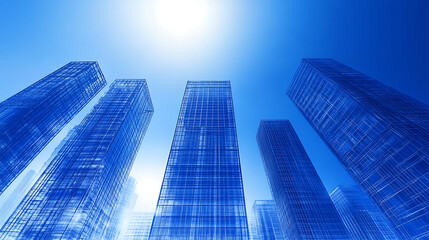 Fototapeta premium Skyscrapers Rising Against a Vibrant Blue Sky Under a Bright Sun Glimmering From Above
