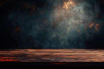 Rustic wooden table, dark textured wall, spotlight, product display