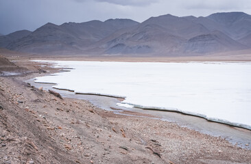 Snow lies in the valley in the highlands of Tien Shan in Pamir in Tajikistan, panoramic landscape for background in high mountains with rocks, snow and glaciers