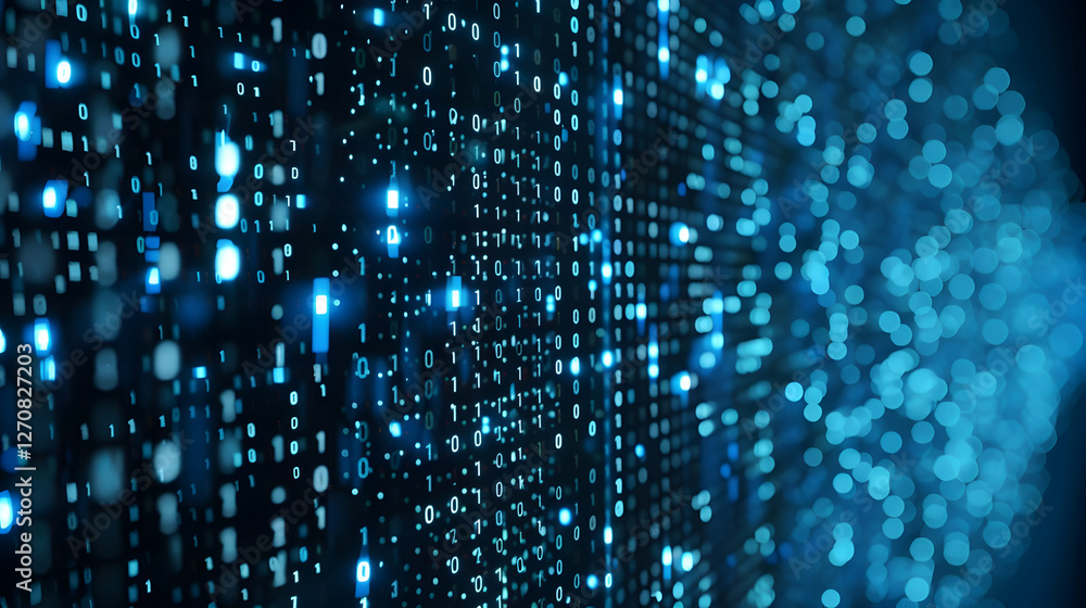 Poster abstract digital background with glowing blue binary code cascading down in a tech environment