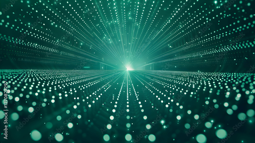 Poster abstract representation of light beams and dots converging towards a central point in a digital spac