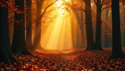 Golden light falls on autumnal forest with bare branches, sunlight, nature