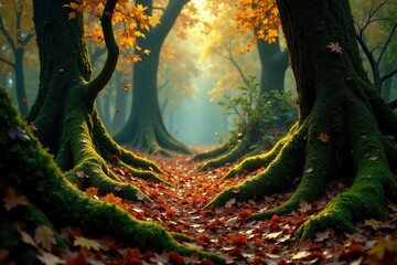 Fototapeta premium Mossy forest floor with fallen leaves and twisted roots, autumn foliage, organic shapes