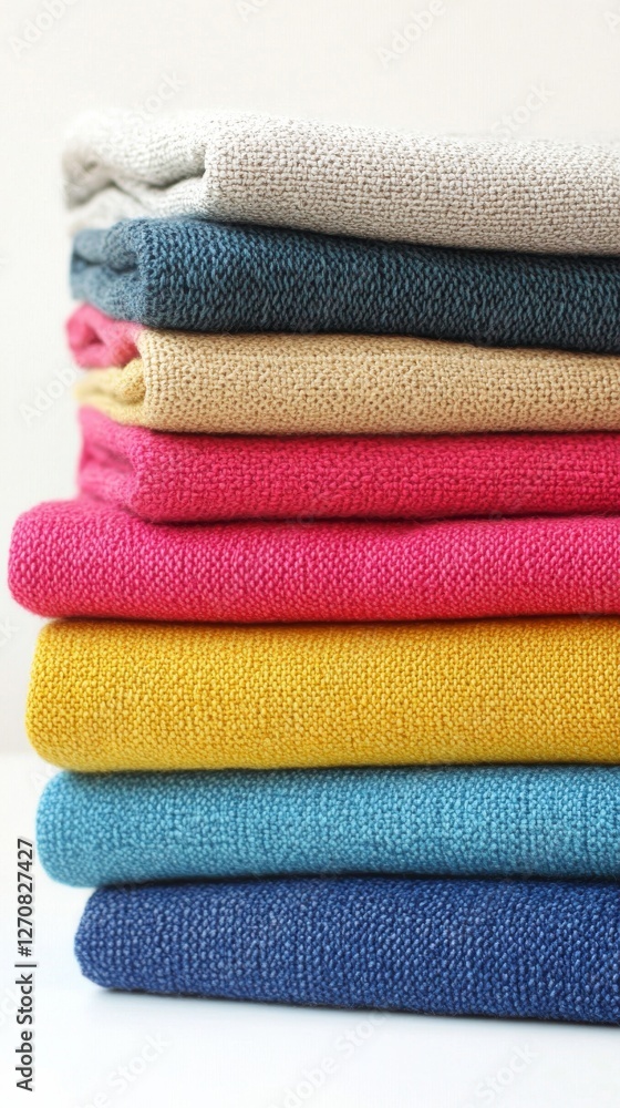 Poster vibrant stacks of colorful fabrics arranged in a visually appealing display at a market