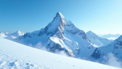 Snowy mountain peak with misty atmosphere and blue sky, misty atmosphere, winter landscapes