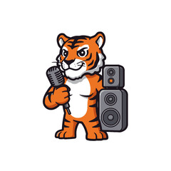 Illustration of a Singing Tiger Mascot Holding a Microphone Beside Speakers
