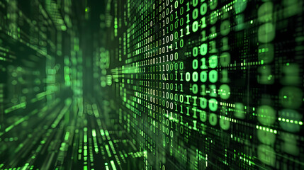 Abstract representation of digital data flow with green binary code in a futuristic environment