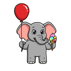 Cute Cartoon Elephant with Balloon and Ice Cream Isolated on White Background
