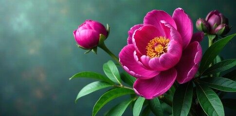 Exotic purple peony and lush green foliage intertwined, flower arrangement, still life, art piece