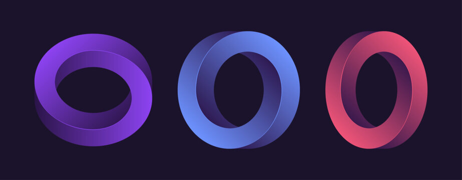 Collection of impossible circles shapes. Optical illusion circles in different gradient colours. Abstract unreal geometric form for logo, sticker, label and design. Vector illustration.