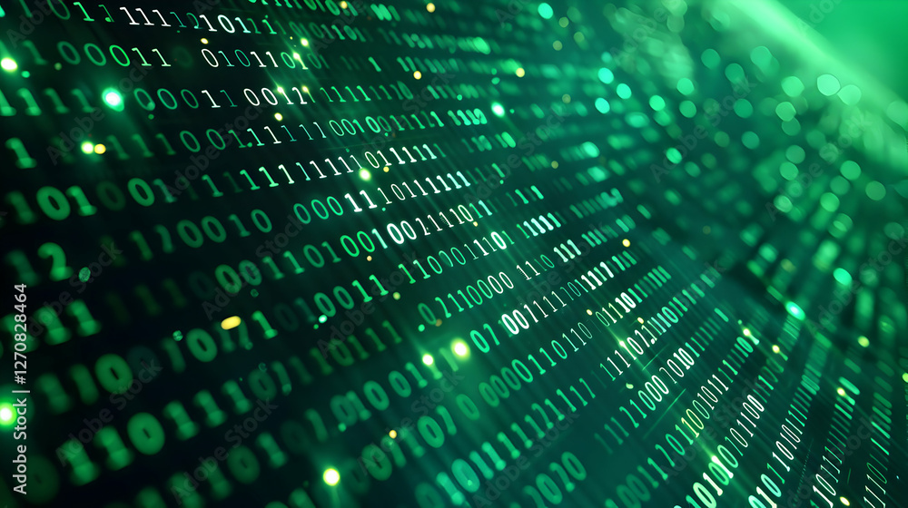 Poster abstract representation of binary code flowing in a digital environment with green tones