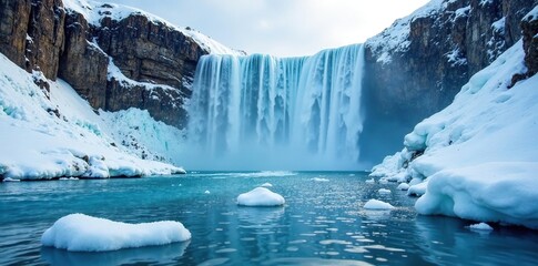 A frozen waterfall cascading into a pool of ice, icy, calm, cold