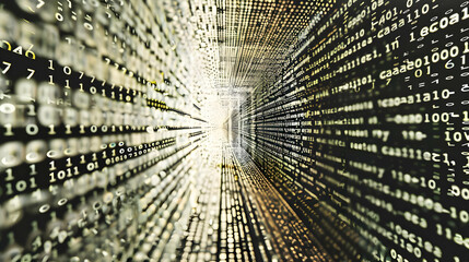 Abstract representation of data flow in a digital tunnel with binary code and light effects
