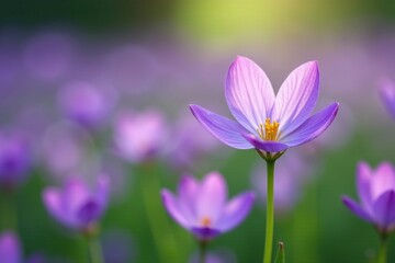 Fototapeta premium Delicate purple petals, green stem, leafy foliage, purple, meadow, UK
