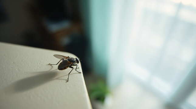Tiny homefly sitting on top of a furniture in living room, close up