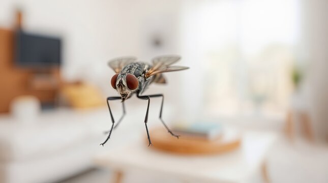Extreme close up of a homefly flying inside bright modern home interior