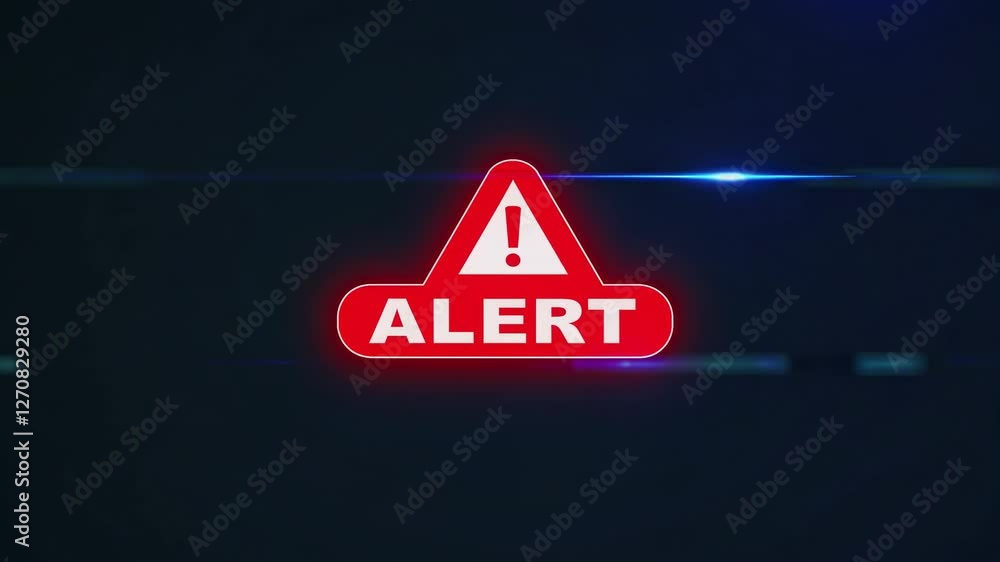 Poster dynamic video alert graphic with a glowing red triangle and exclamation mark, viewed from a front an