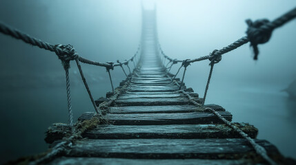 Fototapeta premium A narrow, ancient wooden walkway with irregular planks and frayed ropes, stretching over a calm