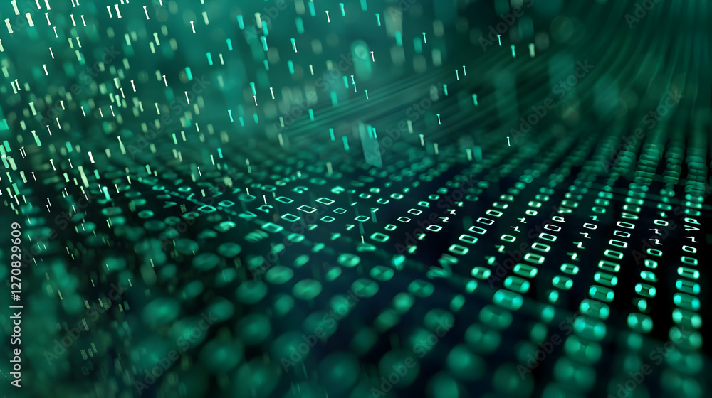 Poster abstract digital background with green binary code flowing, creating a futuristic atmosphere