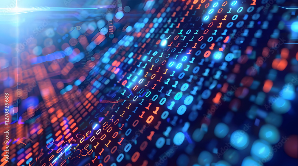 Poster abstract representation of digital data flow with binary code and vibrant light effects