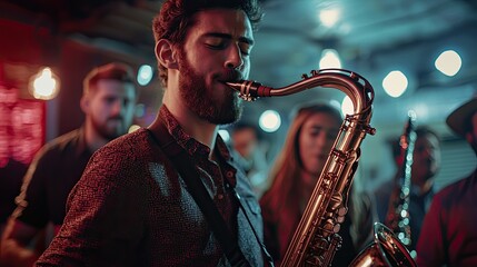 Young man playing saxophone in dimly lit jazz club