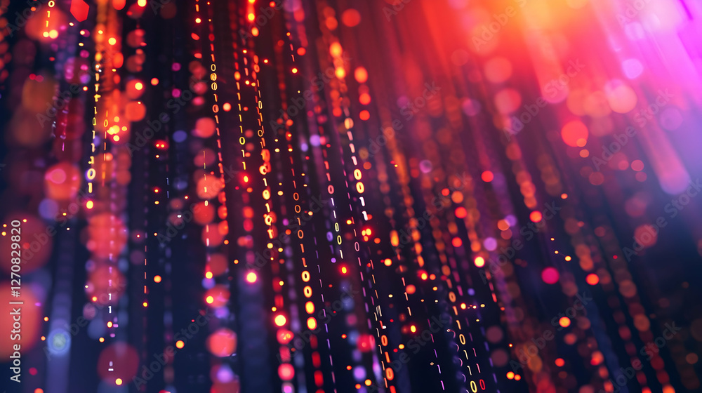 Poster colorful abstract digital background with glowing particles and binary code cascading downwards