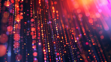 Obraz premium Colorful abstract digital background with glowing particles and binary code cascading downwards
