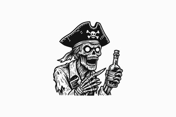 An illustration of a zombie pirate with a tattered hat and glowing eyes, haunting the high seas.