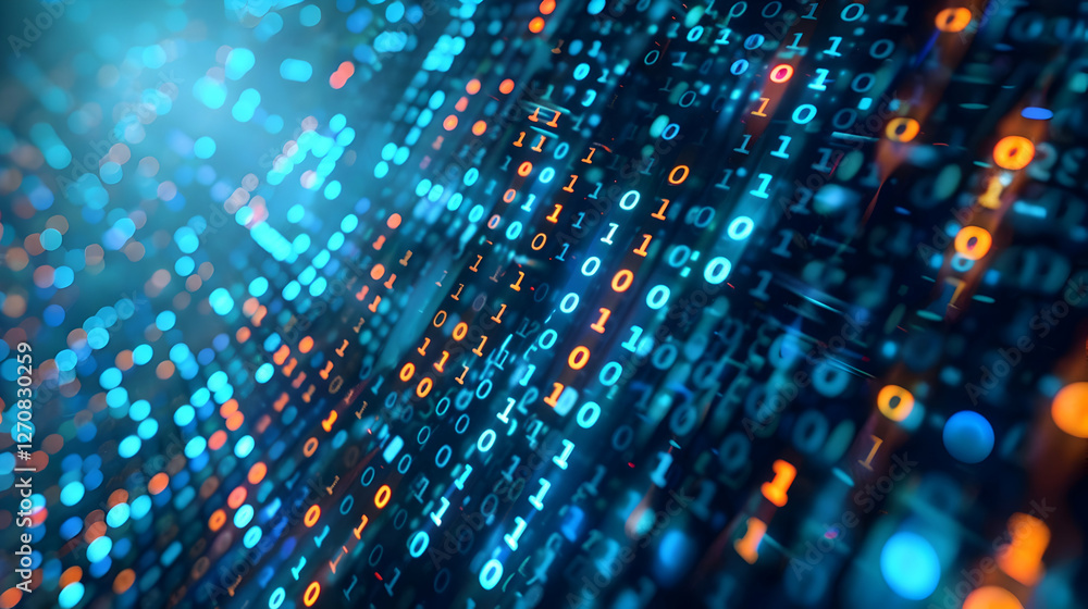 Poster abstract representation of digital data flow with vibrant binary code and glowing particles