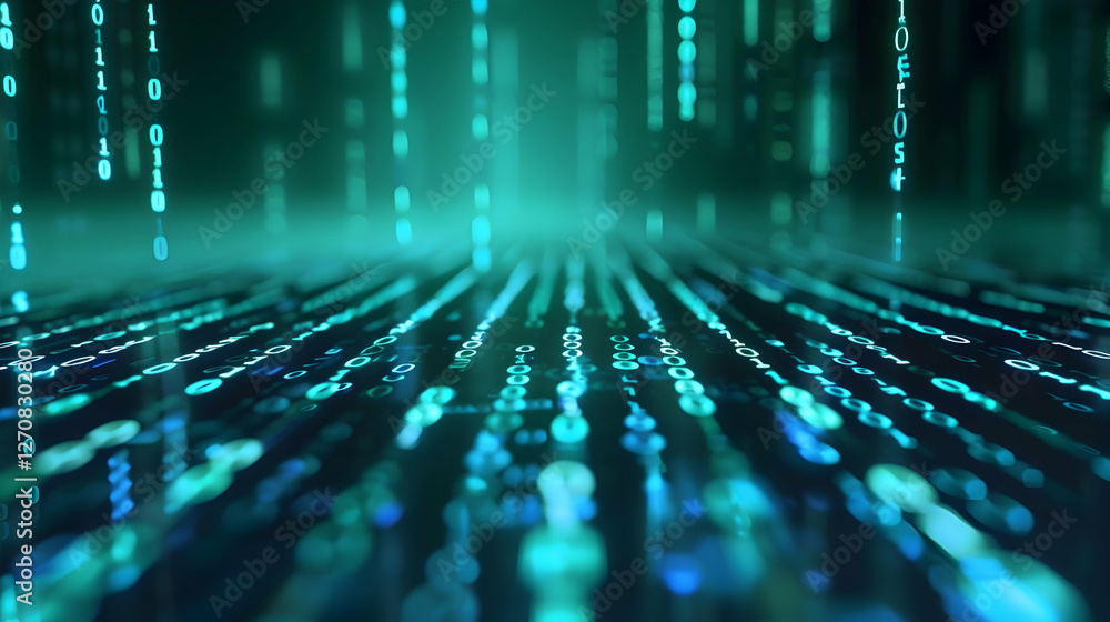 Poster abstract digital background with flowing binary code, creating a futuristic atmosphere