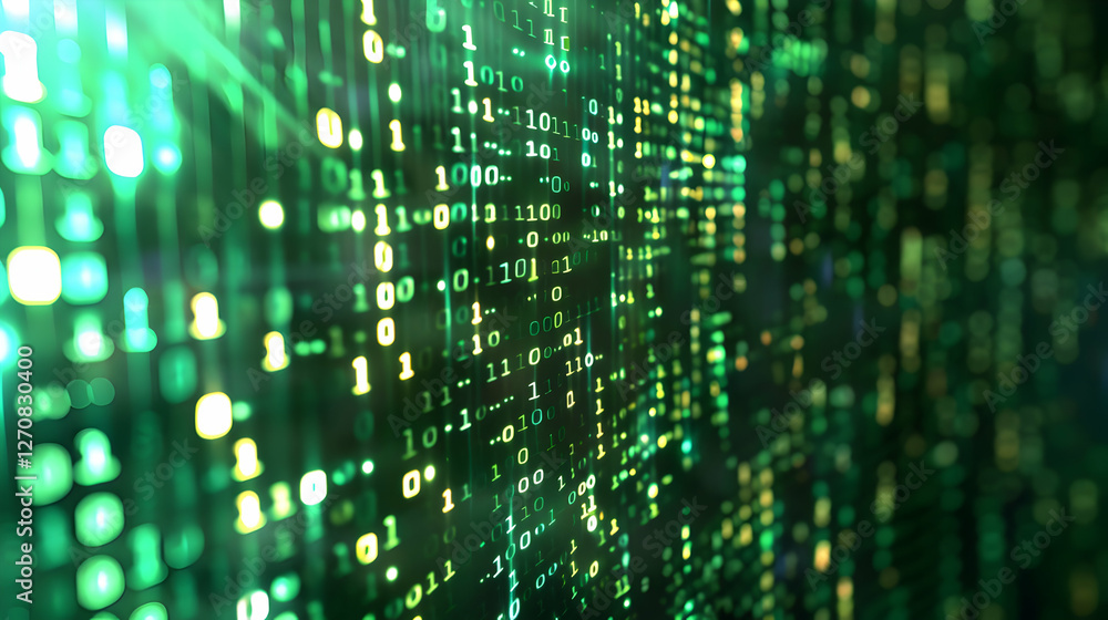 Poster abstract digital background of green binary code cascading in a futuristic environment