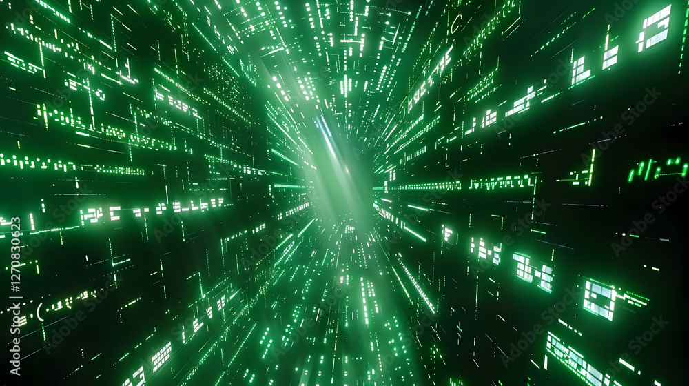 Poster abstract digital tunnel with green glowing data streams, creating a futuristic atmosphere
