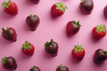 Fototapeta premium Delicious chocolate covered strawberries on pink background, flat lay 