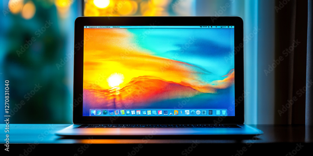 Poster arm architecture laptop processor with vibrant display at sunset reflecting performance and efficien