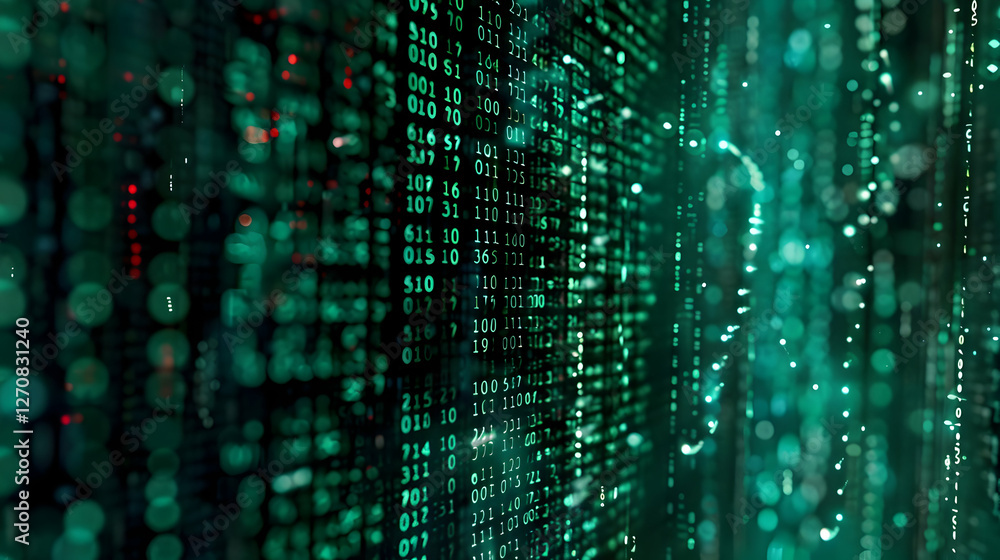 Poster abstract representation of digital data flow with binary code and glowing particles in green hues