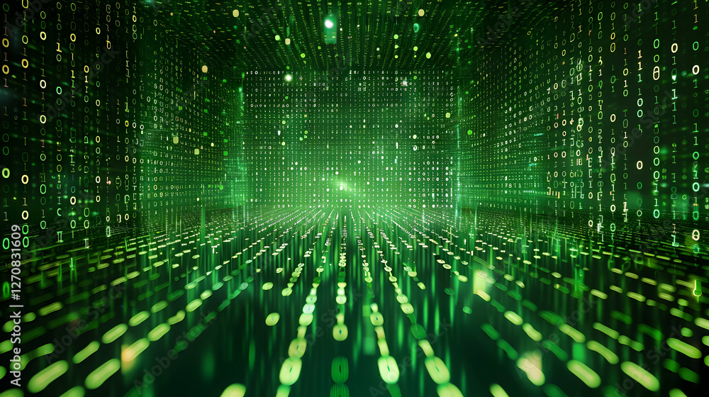 Poster abstract digital landscape with cascading green binary code creating a futuristic atmosphere