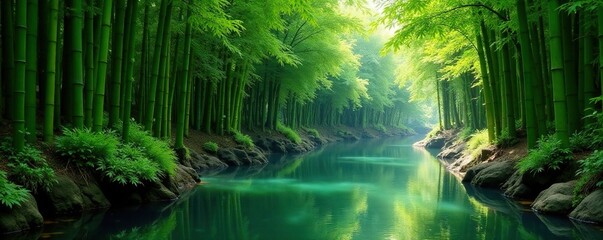 Obraz premium Bamboo culms leaning over an ancient water reservoir, reservoir, leaning, green