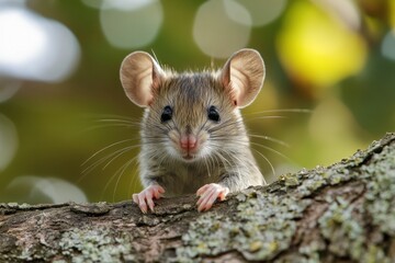 Cute mouse peeking over tree branch in forest