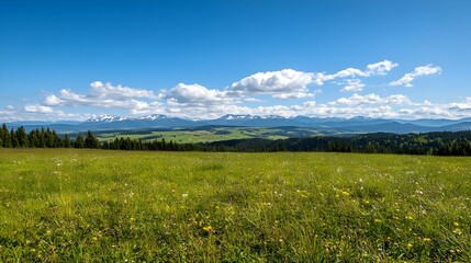 Fototapeta premium Vast Green Meadow with Wildflowers and Distant Mountain Range Under a Sunny Blue Sky