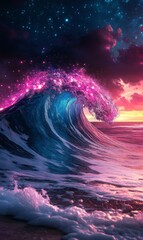 Obraz premium A Majestic Ocean Wave Bathed in Nebula Colors and Cosmic Light Splashes Across the Sky