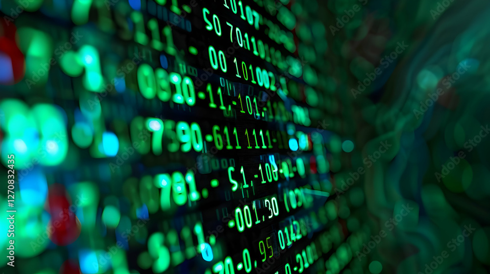 Poster abstract digital background with glowing green and blue binary code flowing in motion