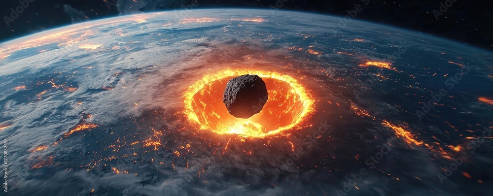 Poster asteroid impact idea. a stunning view of a meteor colliding with earth, creating fiery chaos in the 