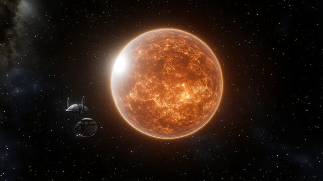 Spaceship Orbiting an Orange Exoplanet in a Galaxy of Stars and Nebulae for Science Fiction
