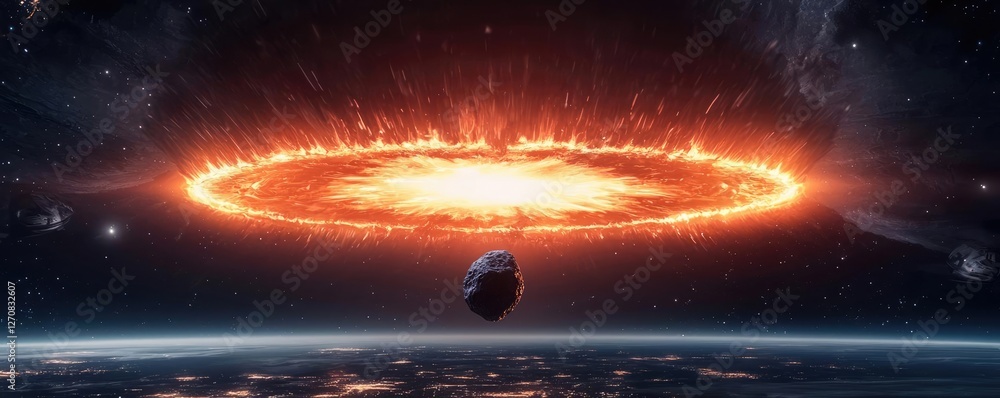 Poster asteroid impact concept. a stunning visual representation of an asteroid impacting a planet with fie