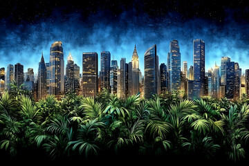 A city skyline is shown in the night sky with a few buildings lit up. Scene is serene and peaceful, as the city is surrounded by lush green trees
